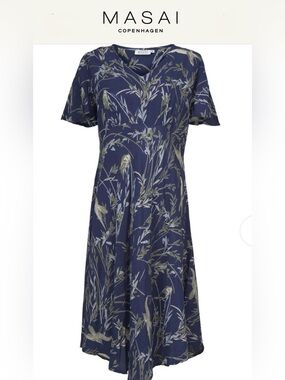 Masai Copenhagen Nanette Dress Midieval Blue Bird Print Viscose Womens XL